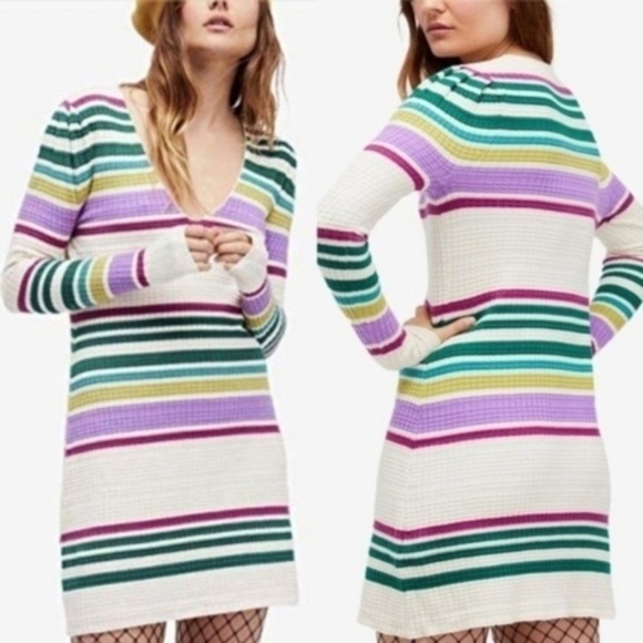 Free People Dresses & Skirts - FREE PEOPLE Sweater Striped Multicolor Knit Long Sleeve Dress Small